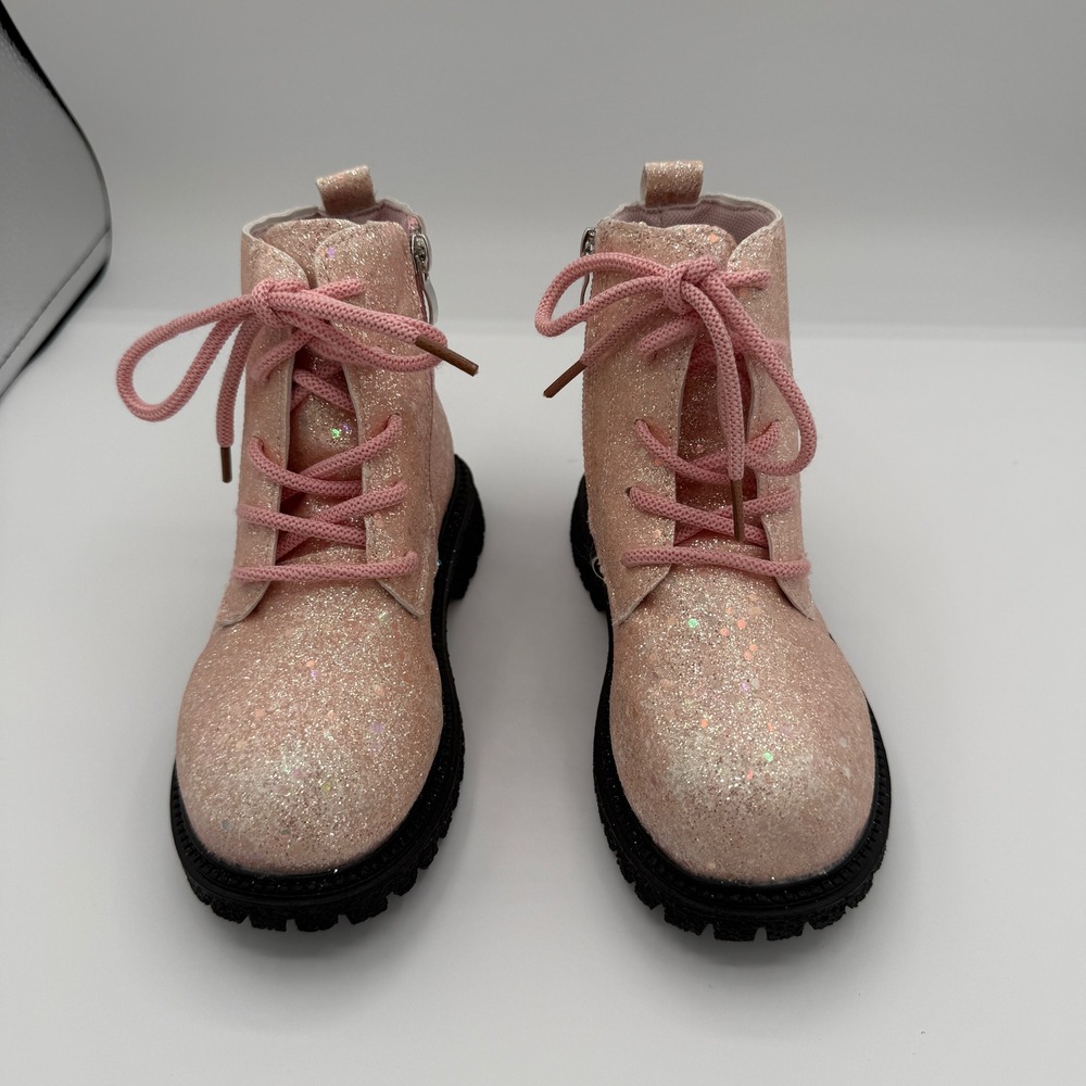 Kids Pink Glitter Combat Boots Side Zip Lug Sole Size EU 30 US 12